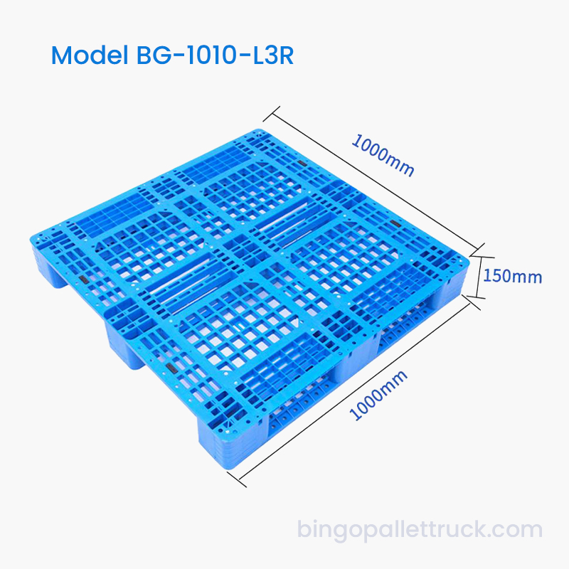 Pallet in plastica a 3 guide con ingresso a 4 vie ad alta resistenza da 1000×1000 mm