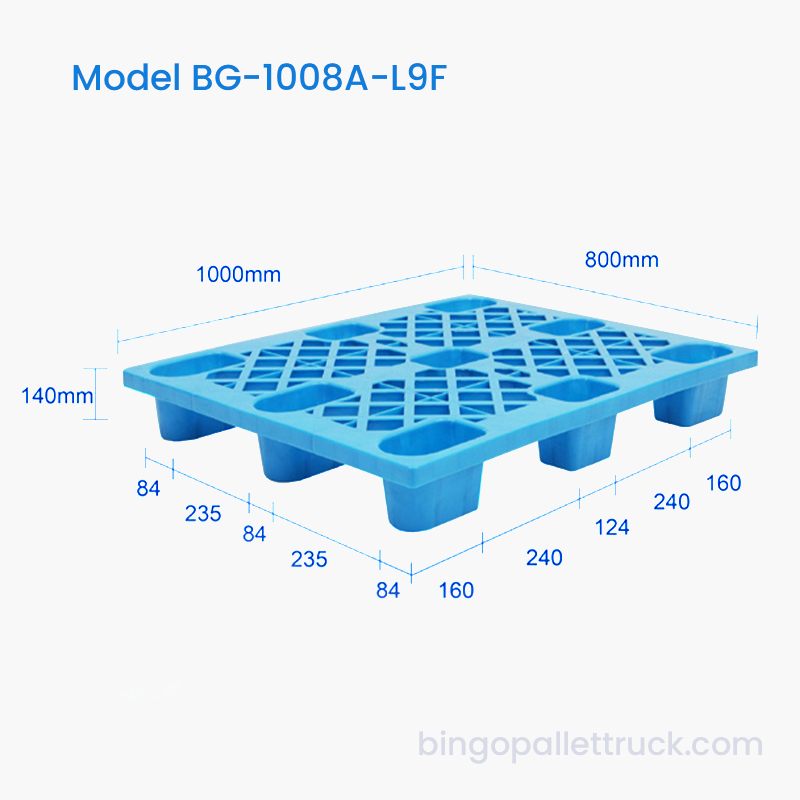 Pallet in plastica HDPE da 9 piedi con griglia per carichi leggeri a 4 vie da 1000×800 mm