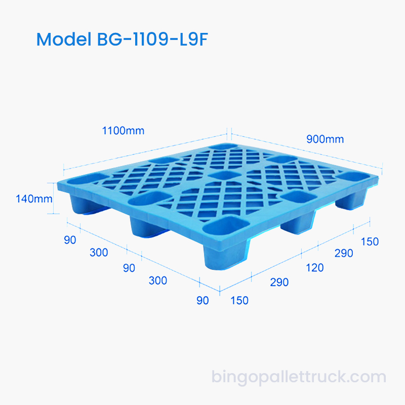 Pallet in plastica HDPE da nove piedi durevole e leggero da 1100 × 900 mm per la movimentazione dei materiali