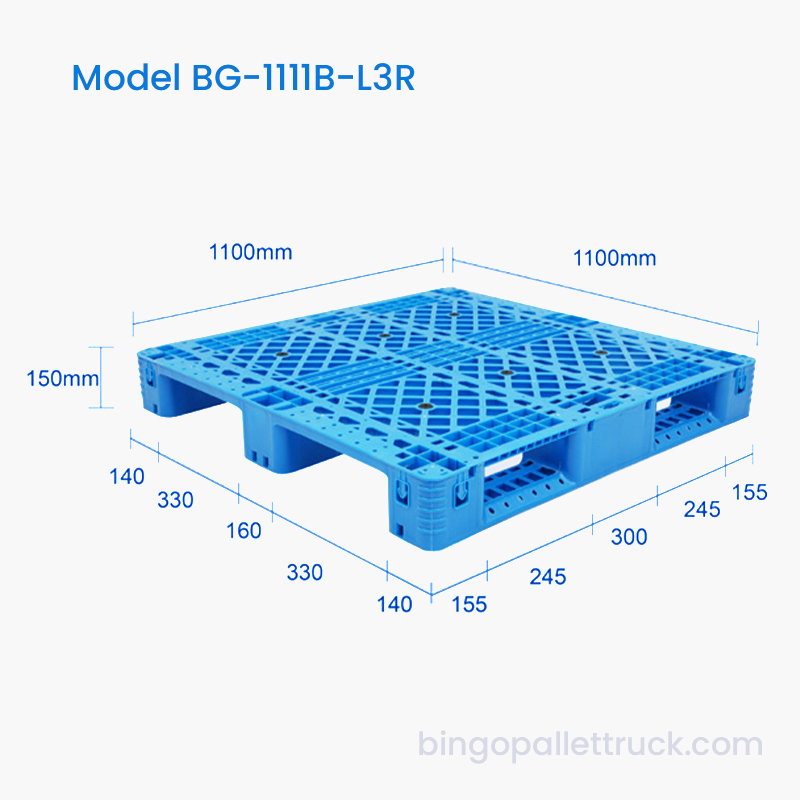 Pallet in plastica a 3 guide da 1100x1100 mm con rinforzo in acciaio per la logistica