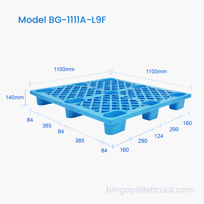 Pallet in plastica a 9 gambe per carichi leggeri da 1100x1100 mm con ingresso a 4 vie per jack per pallet