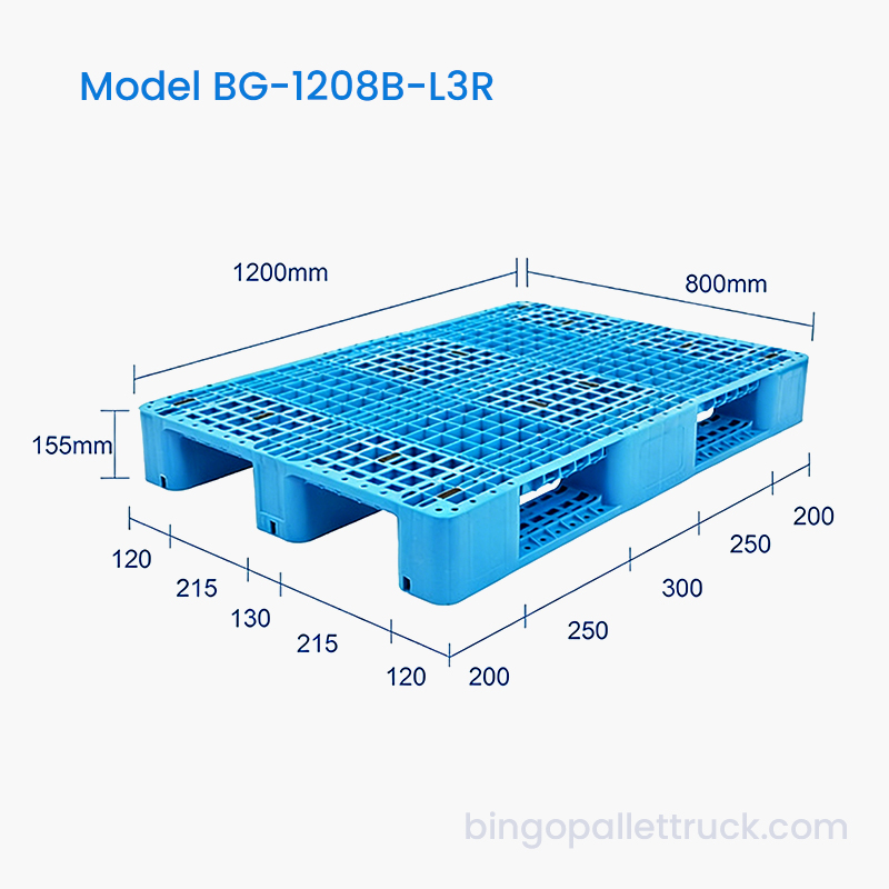 Pallet in plastica a 3 guide ad alta resistenza da 1200 x 800 mm con lunga durata