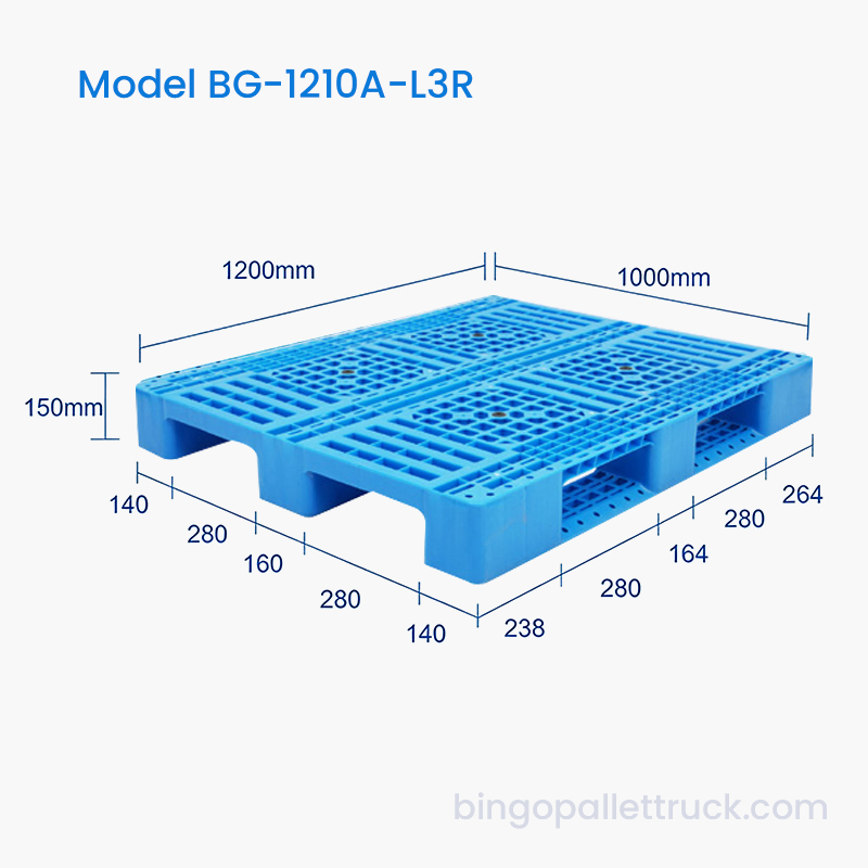 Pallet in plastica leggero a 3 guide da 1200x1000 mm per magazzino
