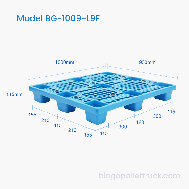 Pallet in plastica leggera monofacciale da 1000x900 mm con piano a griglia e 9 piedi